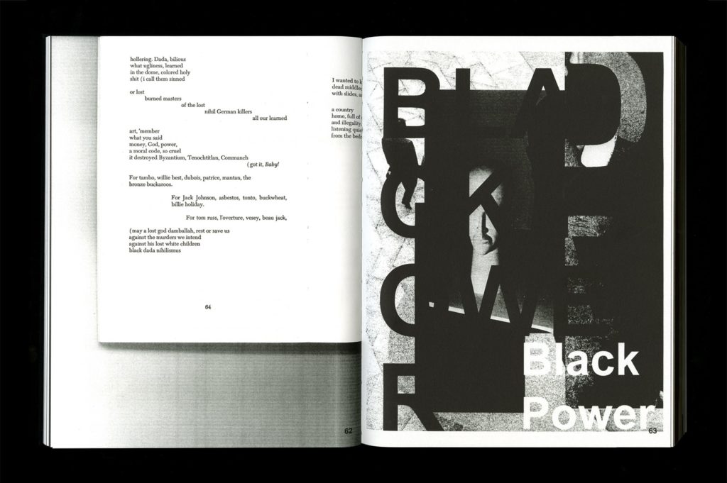 Photograph of open book (Pendleton's Black Dada Reader). On the left is text, on the right, a fragmented image with the words 'Black Power' visible