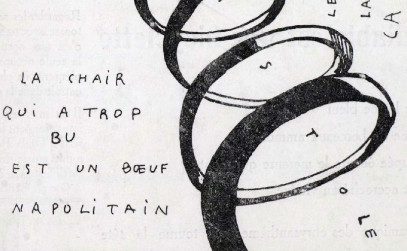 Section of dada poem, black spiral with text interspersed on white background