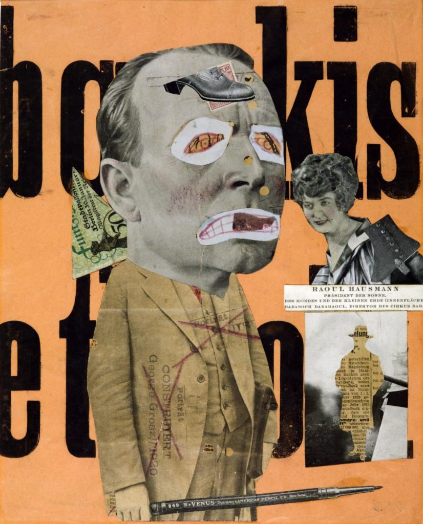 A collage with a central male figure, who has an oversized head and scribbled eyes and mouth. He is dressed in a suit and wields a large pen like a sword. Surrounding him is an image of an elegant woman, a cut-out silhouette of a man, a banknote and a backdrop with large letters.