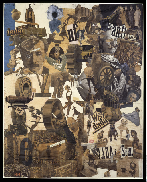 A large collage with Dada slogans (in German), photographs of various political leaders, philosophers, and cultural figures (including Karl Marx, Hannah Hoch herself, Kathe Kollwitz, and Kaiser Wilhelm II); there are also images of mass-produced machinery and crowds.